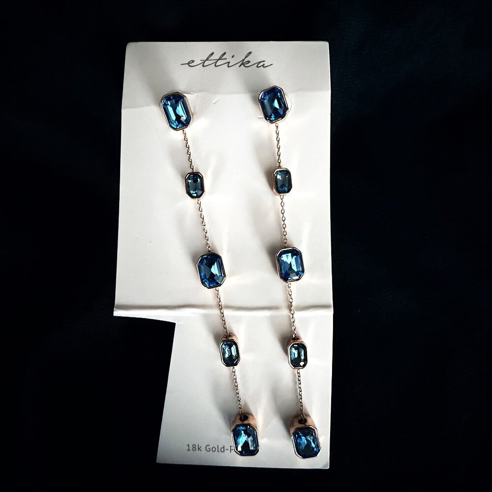 Ettika Earrings Sapphire Blue Crystal Dangle 18K Gold Plated 4.25" - Picture 2 of 6